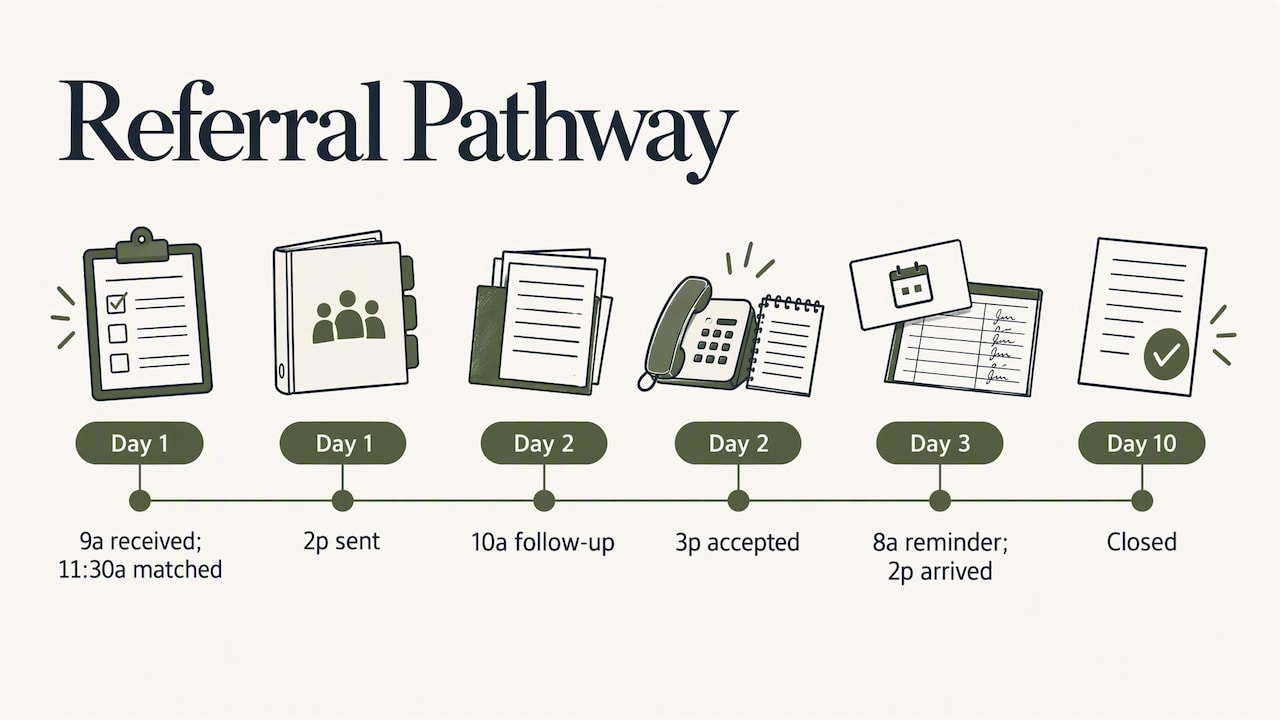 Eight-step referral timeline from receipt to closure