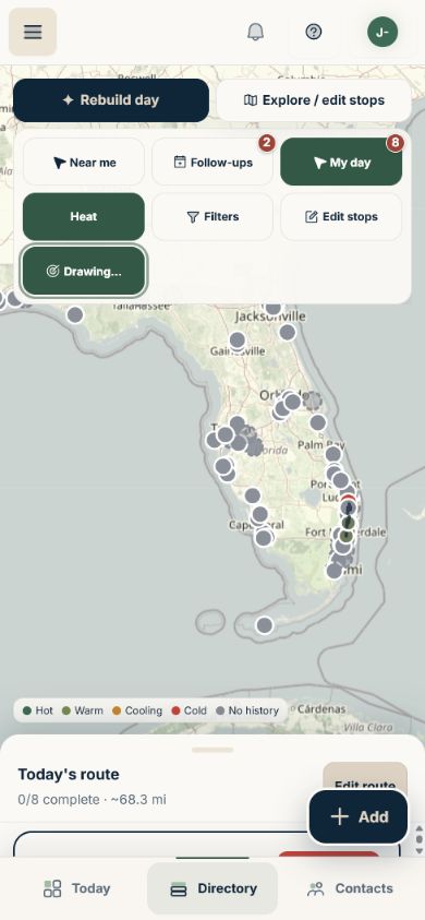 Actual Teryli mobile map showing relationship Heat, Lasso, and route controls