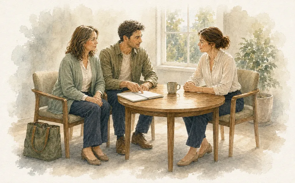 Watercolor illustration: a man and the sister he chose to include meet with his care team at a small round table as discharge planning begins. Fictional people.