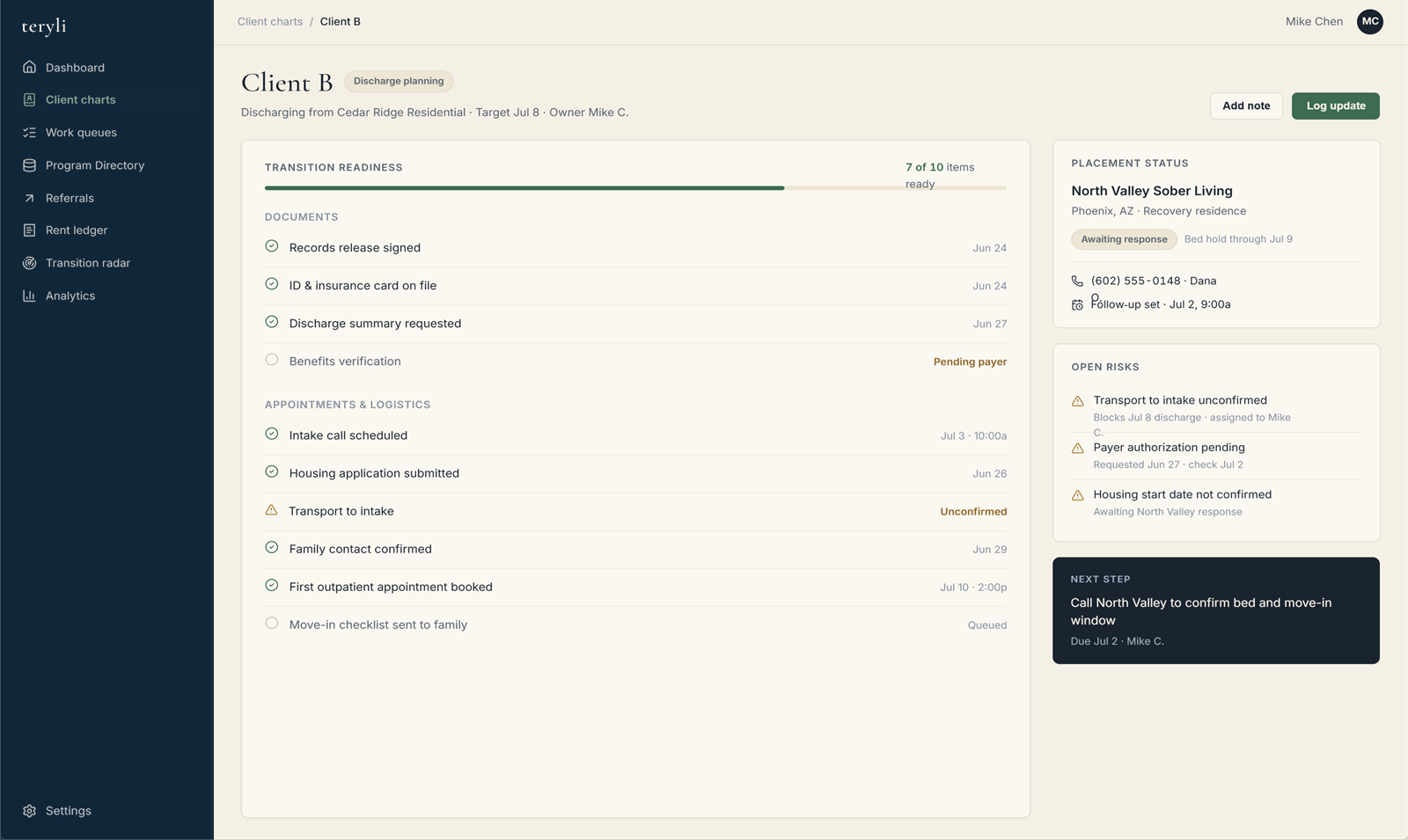 Interface mockup of the Teryli Client Chart: discharge readiness, placement status, and risk factors at a glance.