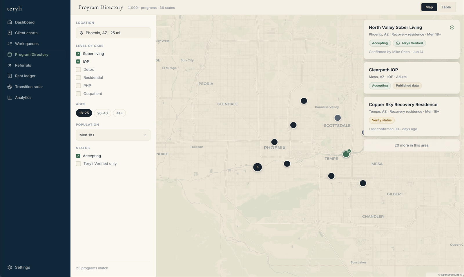 Interface mockup of the Teryli Program Directory map view with facility status markers and filters.
