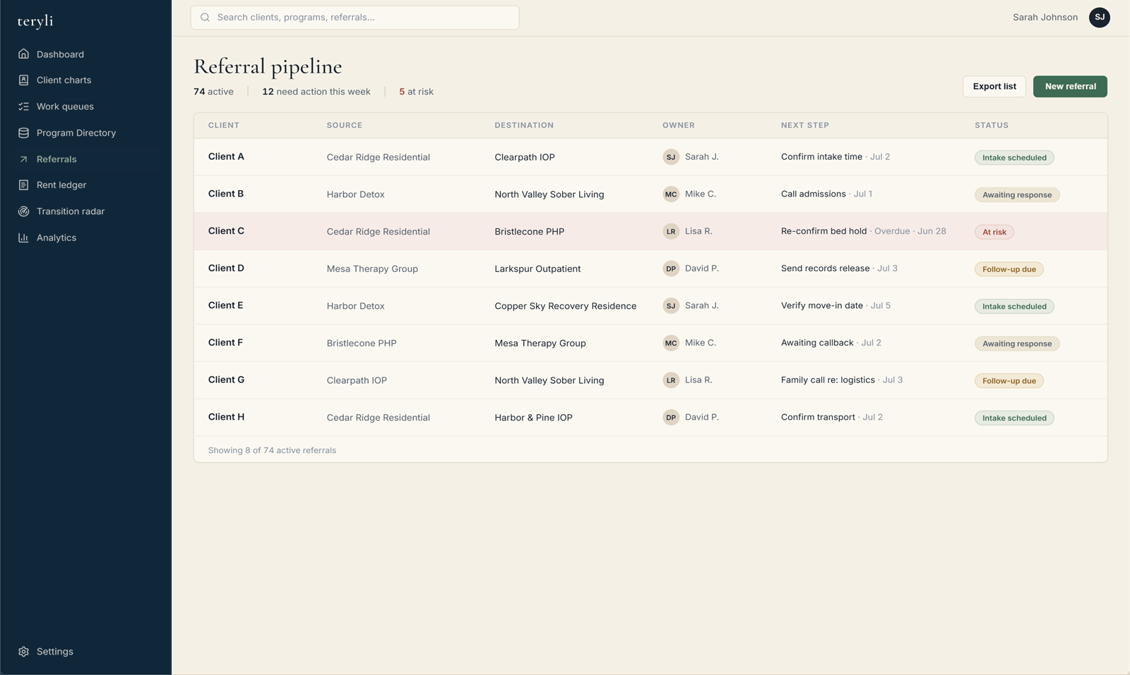 Interface mockup of the Teryli referral pipeline showing prioritized active cases and transition status.